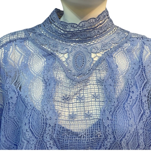 Free People Womens Lace Overlay Mock Neck Broadway Blue Mini Dress - Picture 8 of 12